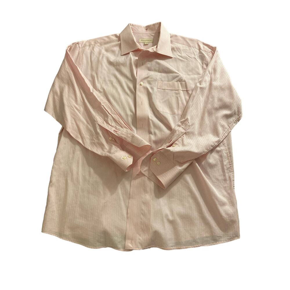 Tommy Bahama Dress Shirt Men's Pink Striped Button Up Shirt Size 17.5  32-33 L/S